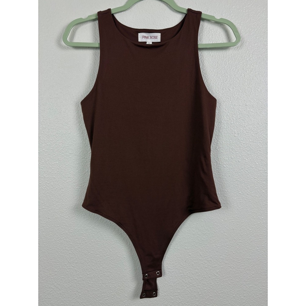 Pink Rose Medium Chocolate Brown Sleeveless Bodysuit Stretch Y2K Minimalist Fall